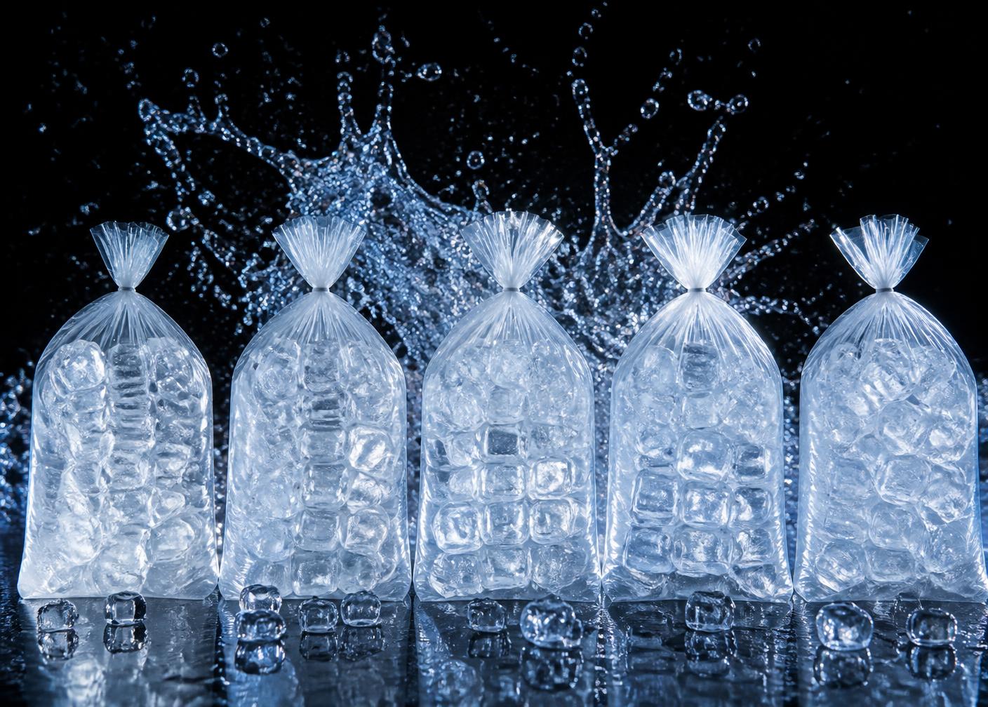 Bags of pure clean ice cubes with water splashing behind them